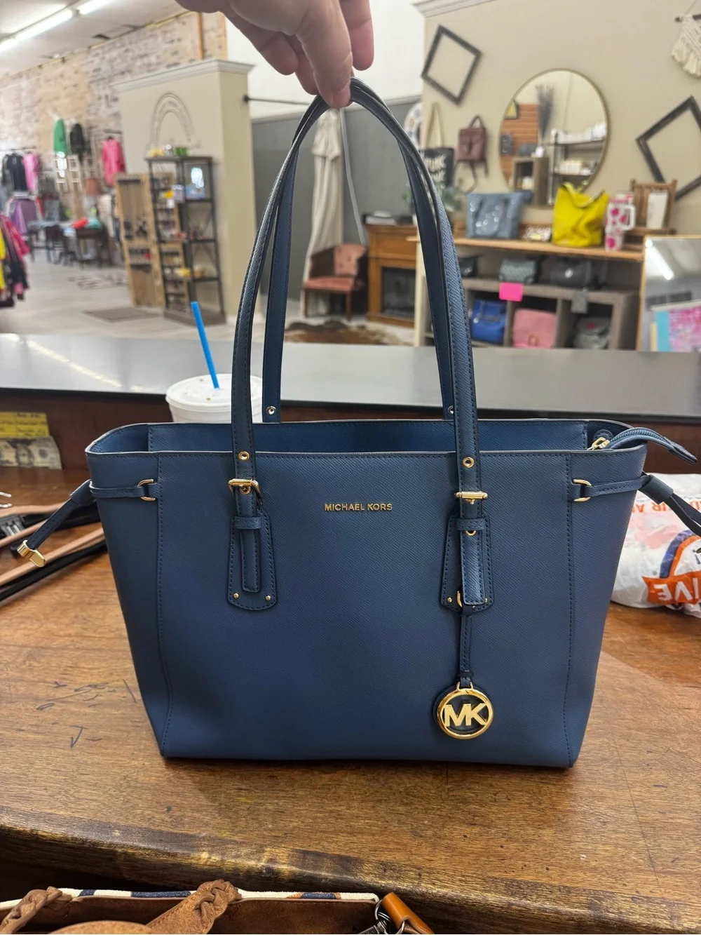 Michael Kors Blue Saffiano Leather Tote with Gold Hardware